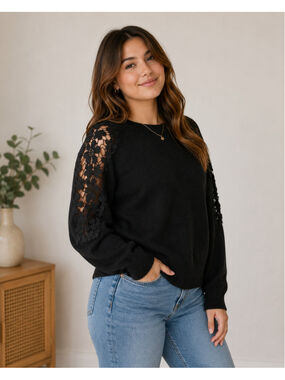 NEW Contrast Knit Crochet Sweater Black Floral Sleeves Stretchy Soft Cozy Cute